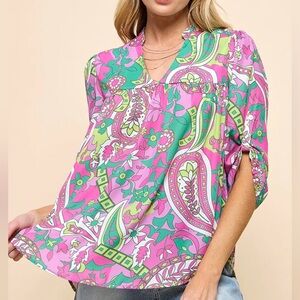 Vibrant Paisley Blouse with Ruffled Sleeves